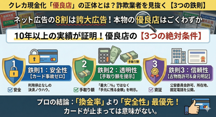 クレジットカード現金化の優良店と悪質業者を見分ける3項目